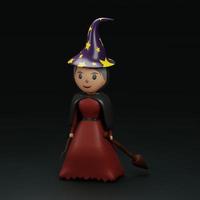 3d rendered female witch wearing witch hat and bring magic wand and broom perfect for halloween design project photo