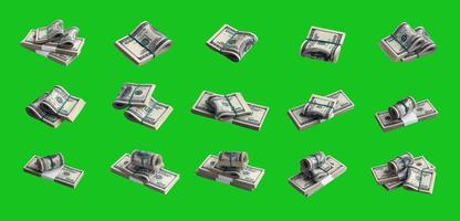 Big set of bundles of US dollar bills isolated on chroma key green. Collage with many packs of american money with high resolution on perfect green background photo