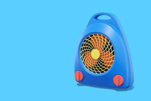 representación 3d calentador de ventilador multicolor sobre fondo azul con espacio para texto. foto