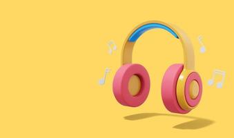 auriculares multicolores con notas musicales sobre fondo amarillo con espacio para texto. representación 3d foto