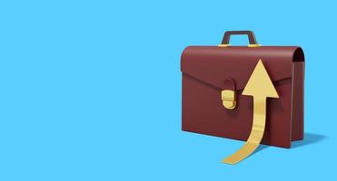 Brown briefcase with rising golden arrow on blue background. Portfolio icon banner with space for text. 3D rendering. photo