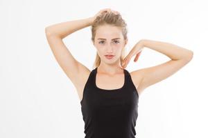 Skin care and armpit concept. Young caucasian european woman isolated on white background in summer t shirt. Spa and beauty. Copy space. photo