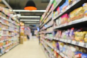 supermarket aisle with product shelves interior defocused blur background photo