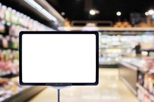 Mock up blank price board poster sign display with supermarket aisle abstract background photo