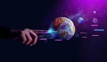 conceptos de tecnología mundial. metaverso, web3 y blockchain. red global e intercambio de datos. negocios a nivel mundial. tocar la mano para interactuar con el globo foto