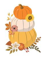 Autumn pumpkins arrangement. Orange, white, yellow pumpkins with dry forest leaves and seasonal flowers, isolated on white background. Thanksgiving day card template. vector