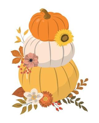 Autumn pumpkins arrangement. Orange, white, yellow pumpkins with dry forest leaves and seasonal flowers, isolated on white background. Thanksgiving day card template.