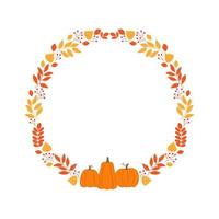 Round frame with autumn twigs, berries and pumpkins. Template for autumn decorative design vector