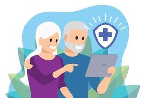 la pareja de ancianos ve la información del seguro de vida desde la tableta. vector