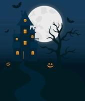Halloween with haunted house, full moon, pumpkins and trees. Halloween house can be use as flyer, banner or poster for night parties.