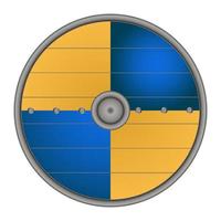 Viking shield blue-yellow color in realistic style. Viking weapons. Colorful vector illustration isolated on white background.