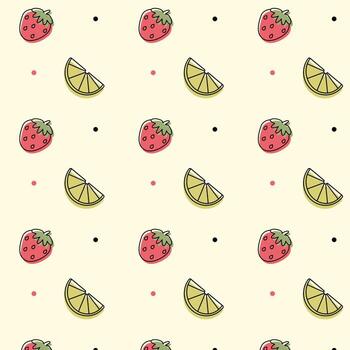 pattern with strawberry, lime and dots on yellow background vector