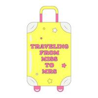 Suitcase with Text Traveling from Miss to Mrs Temporary Tattoo Sticker or Badge in Retro Groovy Style vector