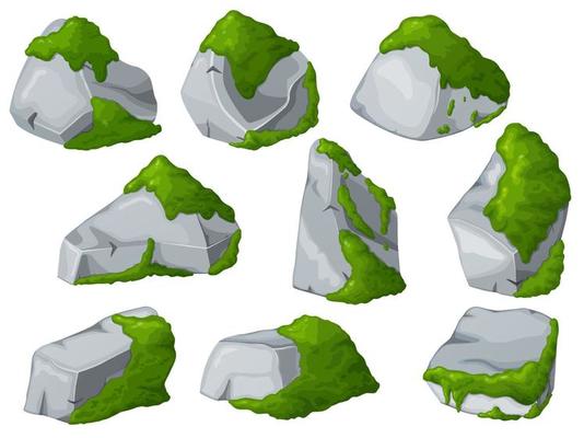 Moss on stones set. Rocks and green lichen. Vector crag for computer games.