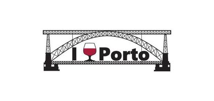 Portugal city Porto horizontal banner. Lettering I love Porto with traditional porto wine glass and famous city landmark Eiffel bridge front view. vector
