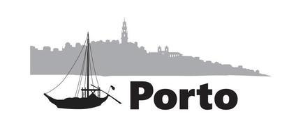 Portugal city Porto horizontal banner. Lettering Porto with traditional portuguese boat and cityscape skyline silhouette vector
