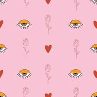 Seamless pattern with boho elements - eye, rose, heart. Pink background. Esoteric floral background. Hand drawn Scandinavian style vector illustration. Trendy texture for print, textile, packaging