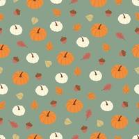 Seamless pattern with different colors pumpkins, leaves and acorn. Autumn background. Pattern for thanksgiving, halloween, gift wrapping or textile vector