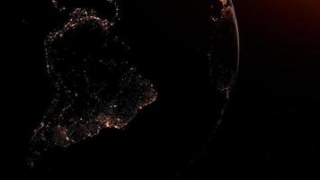 noche en el planeta tierra vista desde el espacio mostrando las luces de américa del sur. representación 3d elementos de esta imagen proporcionada por la nasa. foto