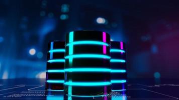 la base de datos múltiple se coloca en tablas de bases de datos relacionales con la sala de servidores y el fondo del centro de datos. concepto de servidor de base de datos, sql, almacenamiento de datos, diseño de diagrama de base de datos. ilustración 3d foto