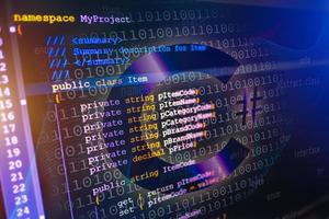 C sharp programming language source code example on monitor, C sharp source code. photo