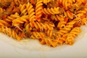 Fussili bolognese close up view photo