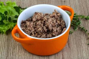 Canned tuna dish view photo