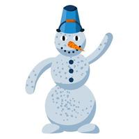 lindo muñeco de nieve feliz con nariz de zanahoria y sombrero de cubo saludando aislado sobre fondo blanco. felices vacaciones de año nuevo. vector