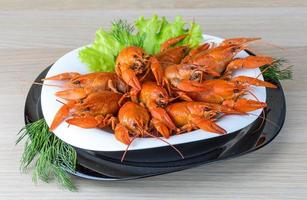 Boiled crayfish dish view photo