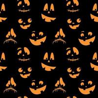 Seamless pattern with orange emotions halloween pumpkins on a black background. Funny faces for scrapbook digital paper, textile print, page fill. Vector illustration