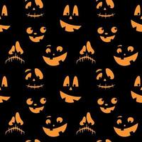 Seamless pattern with orange emotions halloween pumpkins on a black background. Funny faces for scrapbook digital paper, textile print, page fill. Vector illustration