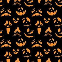 Seamless pattern with orange emotions halloween pumpkins on a black background. Funny faces for scrapbook digital paper, textile print, page fill. Vector illustration