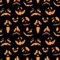 Seamless pattern with orange emotions halloween pumpkins on a black background. Funny faces for scrapbook digital paper, textile print, page fill. Vector illustration