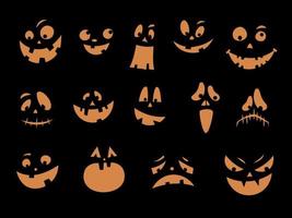 Caras de calabaza o fantasmas de Halloween aterradoras y divertidas sobre fondo negro. colección de siluetas de rostros tallados. máscaras de halloween caras sonrientes sonrisa de calabaza. ilustración vectorial vector