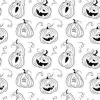 Seamless pattern with emotions halloween pumpkins on white background. Cute hand drawn pumpkins. Funny faces for scrapbook digital paper, textile print, page fill. Vector