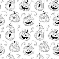 patrón sin costuras con emociones calabazas de halloween sobre fondo blanco. lindas calabazas dibujadas a mano. caras divertidas para papel digital de álbum de recortes, impresión textil, relleno de página. vector