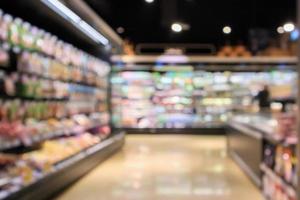 Abstract supermarket aisle interior blurred defocused background with bokeh light photo