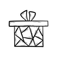 caja de regalo dibujada a mano con lazo y estampado geométrico abstracto. regalo de vacaciones, elemento de diseño para fiesta, celebración. ilustración vectorial plana en estilo garabato. vector