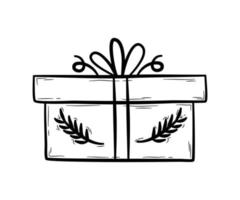 Hand drawn gift box with bow and branch print.   Holiday present, design element for party, celebration.  Flat vector illustration in doodle style.