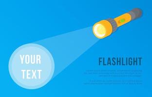 Vector illustration of a flashlight isolated on a blue background. Electric lamp on batteries. Yellow flashlight design vector icon. Beautiful website design.