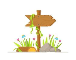 Tropical liana leaves curl around the cartoon wooden signs. Vector illustration of the Wooden Arrow, tables showing the path