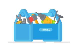 Construction tools. Vector illustration of a blue tool box. Tool box with hand tools inside. Tools for repairs.