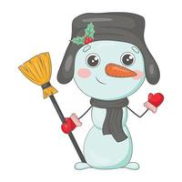 Cute cartoon snowman in a hat with earflaps with a holly, a broom in his hands, mahapt with a mitten hello vector