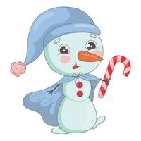 cute cartoon snowman in a blue hat and raincoat walks holding a striped lollipop vector