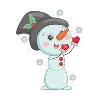 lindo muñeco de nieve de dibujos animados en un sombrero de copa decorado con acebo atrapa copos de nieve vector