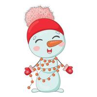 Cute cartoon snowman in a knitted red knitted hat wrapped with a New Year's garland vector