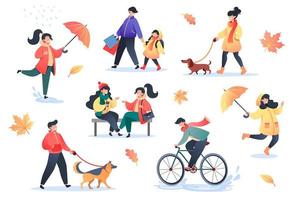 Collection of flat style characters on warm autumn day vector