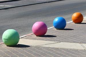 Road barriers along the sidewalk for the safe passage of pedestrians. photo