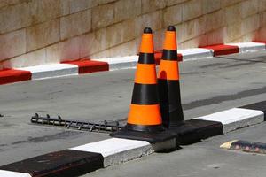 Road barriers along the sidewalk for the safe passage of pedestrians. photo