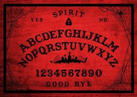 Halloween Ouija Board on wooden texture. Planchette play with calling souls and demons. Party poster. Graphic, caligraphy, typography, alphabet, letters, numbers and web. Cementery skyline. photo